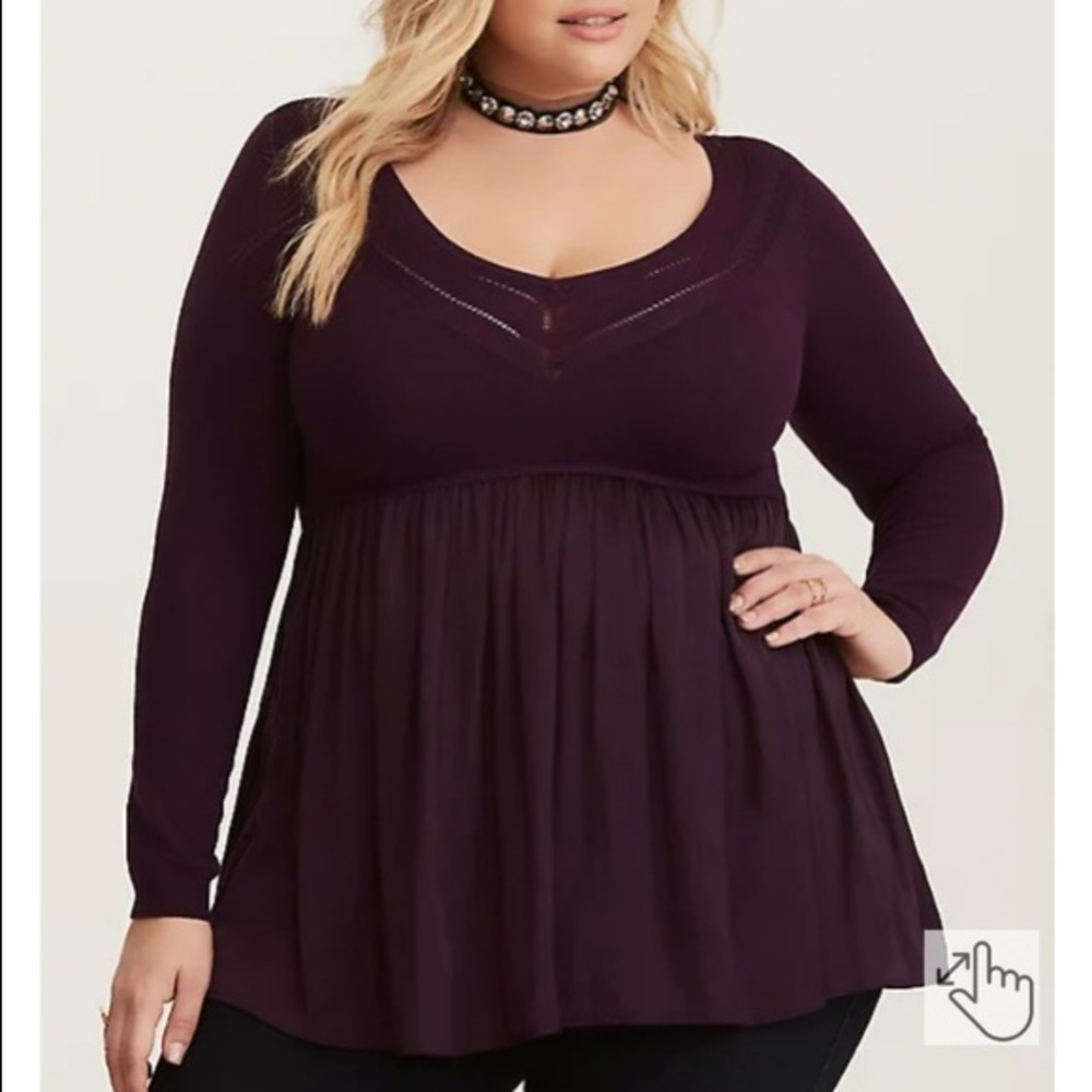 Torrid Purple Knit and Challis Babydoll Sweater